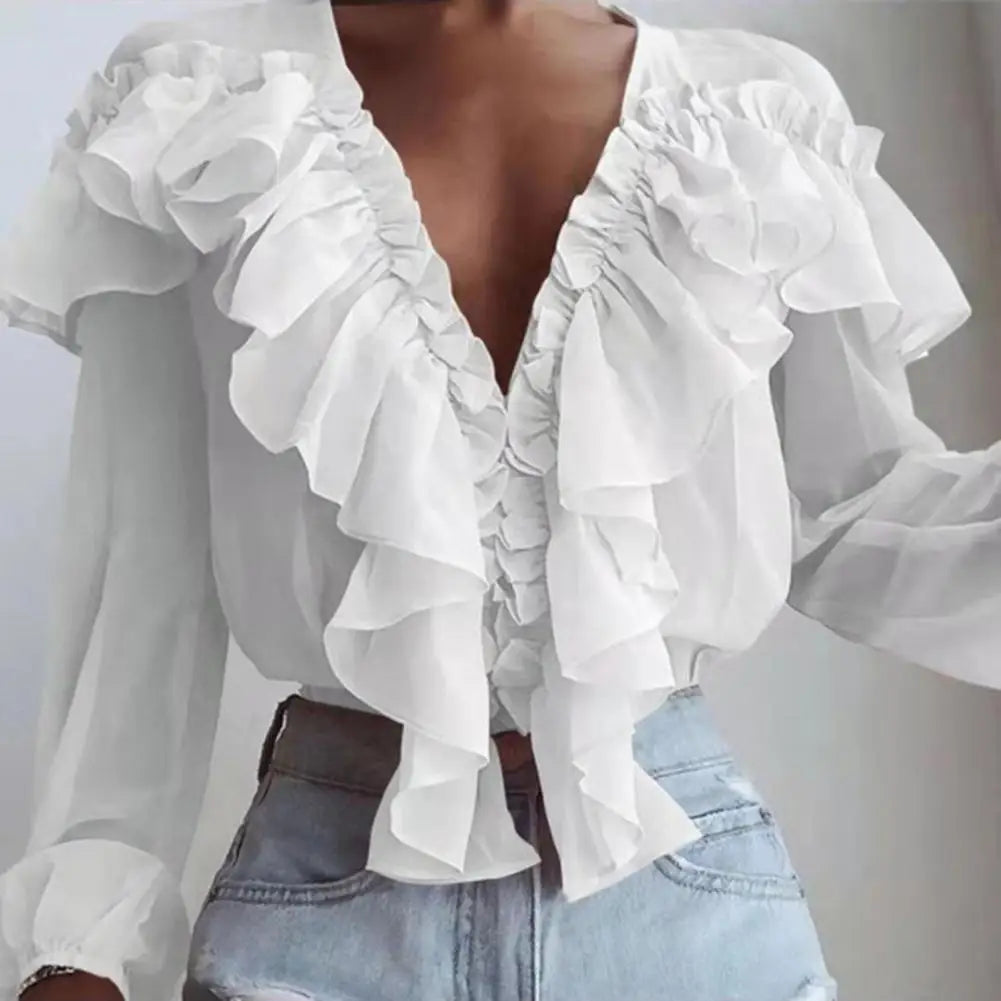 Love Ruffle Collar V-neck  Chiffon Shirt with Long Sleeve