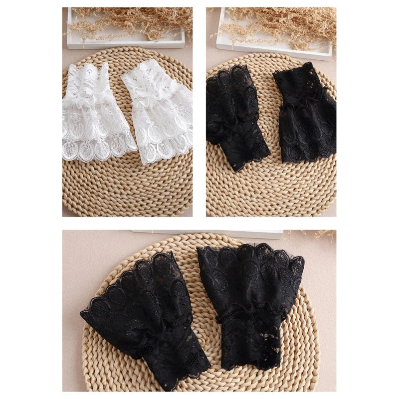 Detachable Ruffles Cuffs Cotton Embroidery with Floral Lace Mesh Wristband Accessory