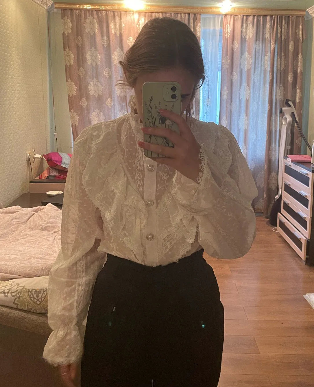 Victorian Style Ruffle Lace  Stand Collar Pleated Blouse with  Long Sleeve