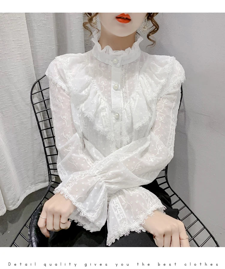 Victorian Style Ruffle Lace  Stand Collar Pleated Blouse with  Long Sleeve