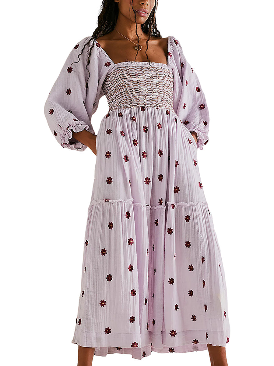 Bohemian Floral Embroidery  Square Neck  Loose Swing Long Dress with 3/4 Puff Sleeves