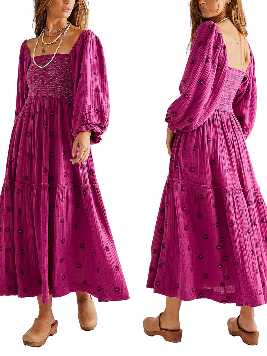 Bohemian Floral Embroidery  Square Neck  Loose Swing Long Dress with 3/4 Puff Sleeves