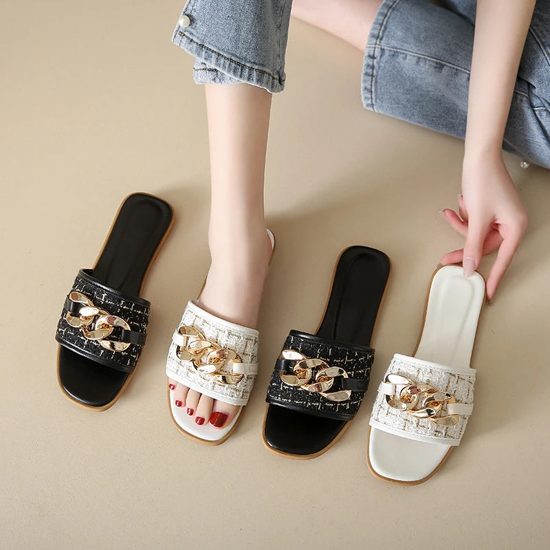 Korean Style Chain White Flip Flops Sandals