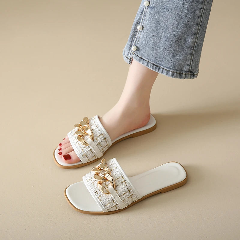 Korean Style Chain White Flip Flops Sandals