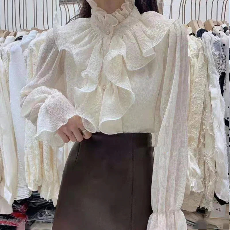 Romantic  Flare  Buttons Ruched  Ruffle Stand Collar Chiffon Shirt with  Long Sleeve