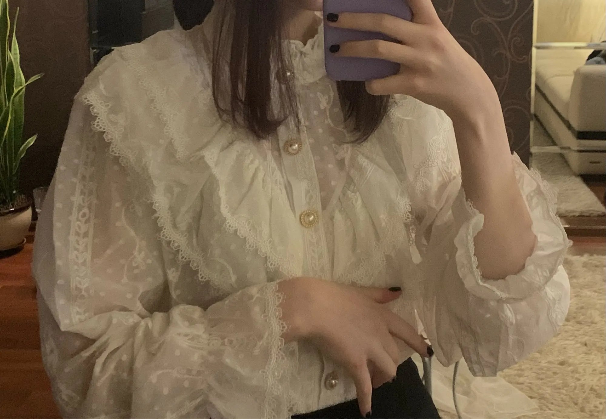 Victorian Style Ruffle Lace  Stand Collar Pleated Blouse with  Long Sleeve