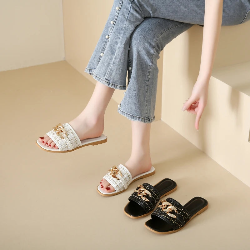 Korean Style Chain White Flip Flops Sandals