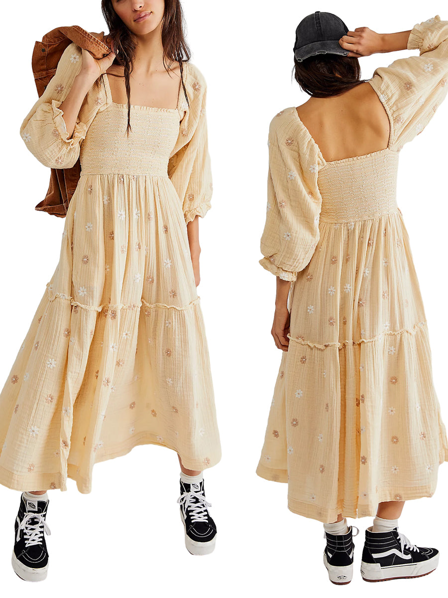 Bohemian Floral Embroidery  Square Neck  Loose Swing Long Dress with 3/4 Puff Sleeves