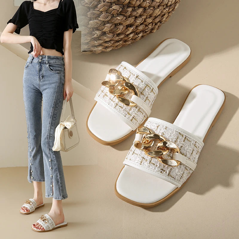 Korean Style Chain White Flip Flops Sandals