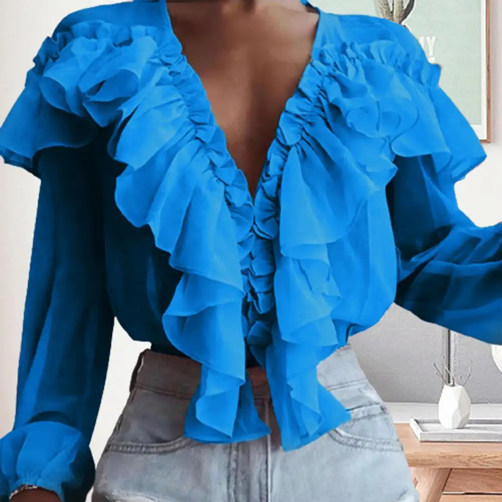 Love Ruffle Collar V-neck  Chiffon Shirt with Long Sleeve