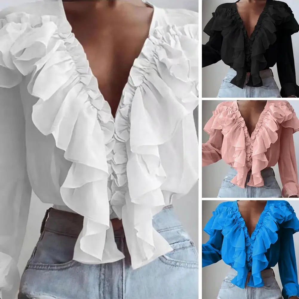 Love Ruffle Collar V-neck  Chiffon Shirt with Long Sleeve