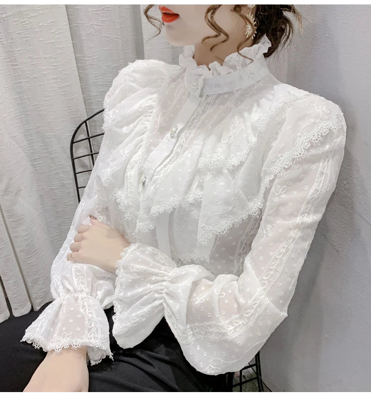 Victorian Style Ruffle Lace  Stand Collar Pleated Blouse with  Long Sleeve