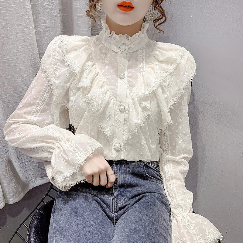 Victorian Style Ruffle Lace  Stand Collar Pleated Blouse with  Long Sleeve