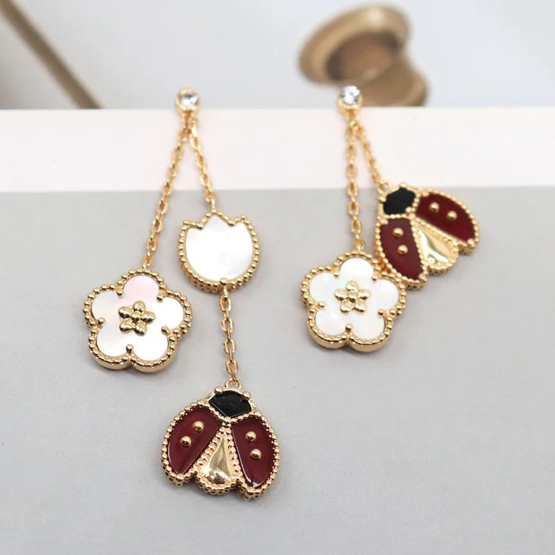 Ladybug Clover Drop Earrings 18K Gold Plated Natural Shell