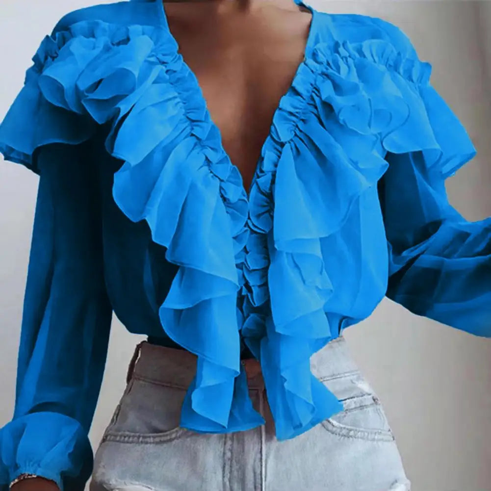 Love Ruffle Collar V-neck  Chiffon Shirt with Long Sleeve