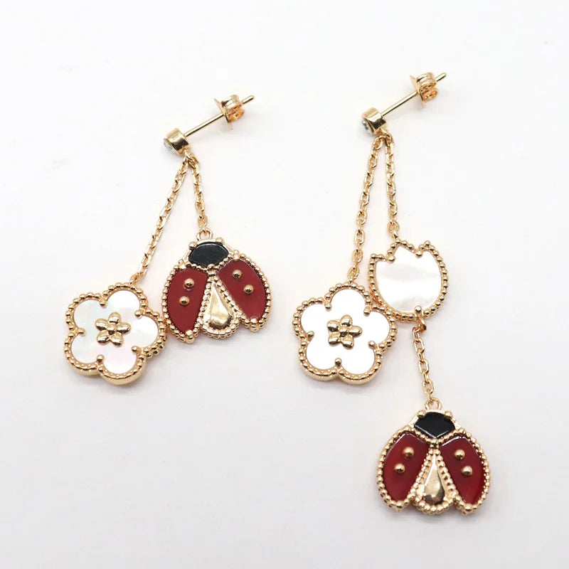 Ladybug Clover Drop Earrings 18K Gold Plated Natural Shell