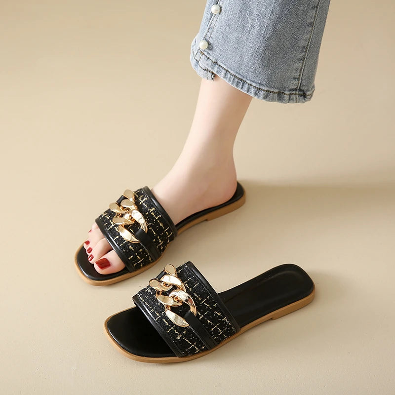 Korean Style Chain White Flip Flops Sandals