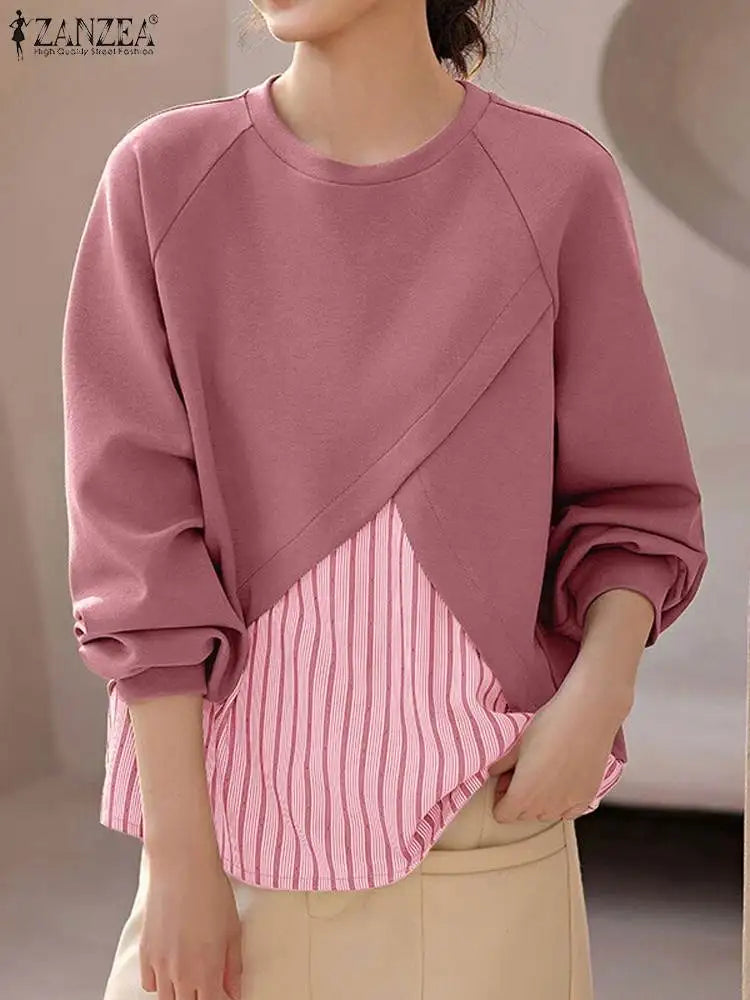 Unique Striped Patchwork O Neck Pullover Blouses with Long  Raglan Sleeves