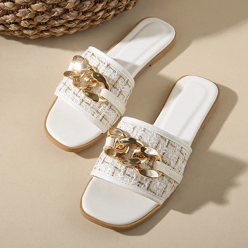 Korean Style Chain White Flip Flops Sandals