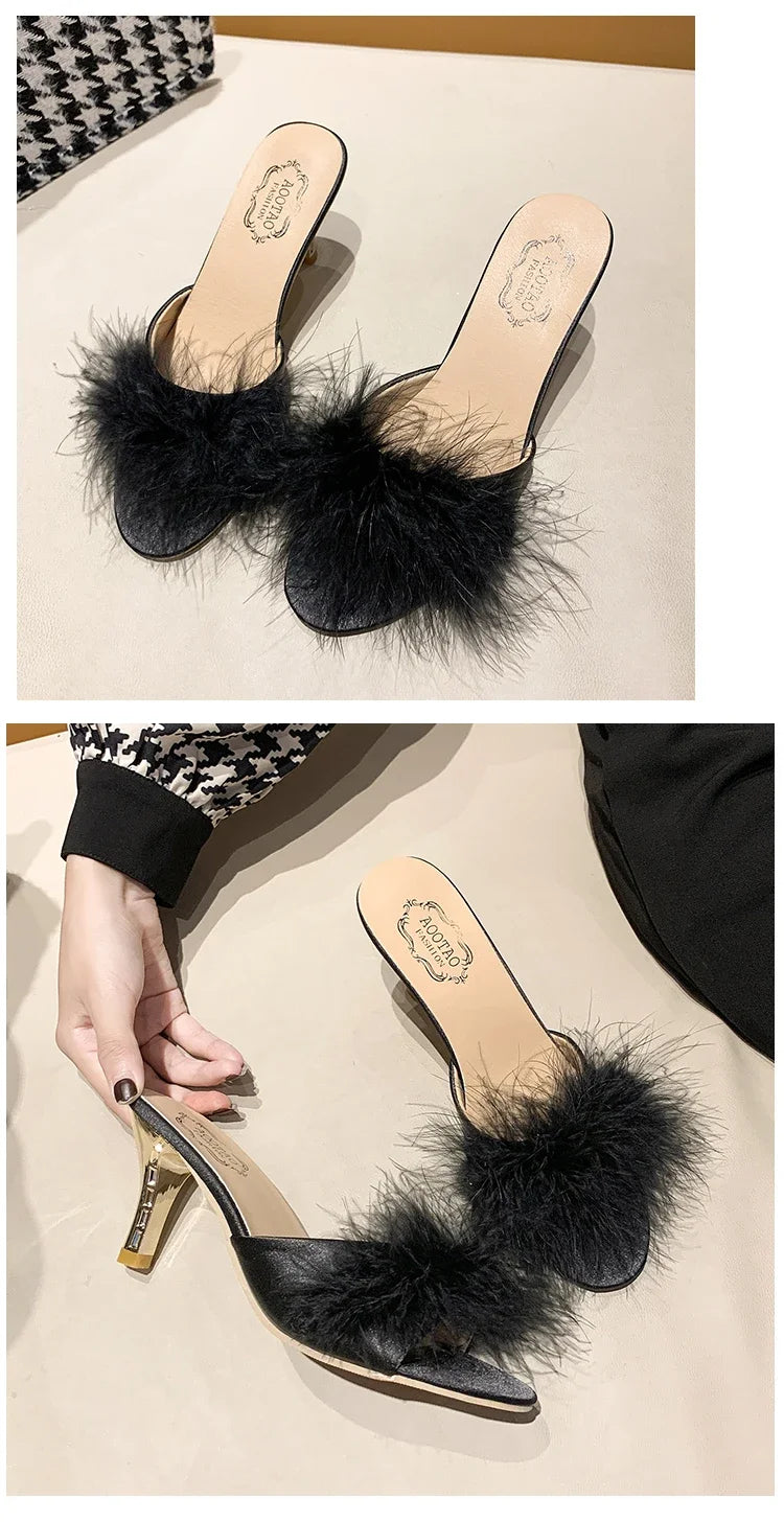 British Style Retro Furry Thin Hight Heel Slides