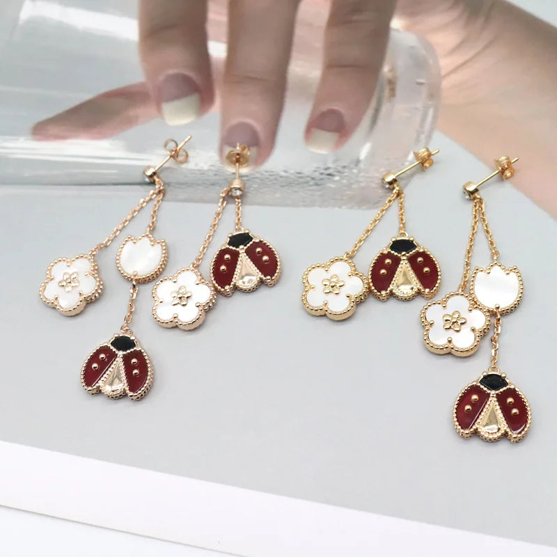 Ladybug Clover Drop Earrings 18K Gold Plated Natural Shell