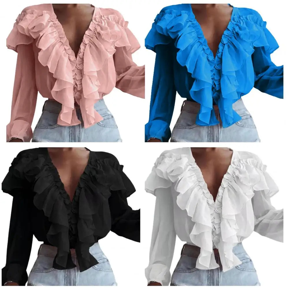 Love Ruffle Collar V-neck  Chiffon Shirt with Long Sleeve