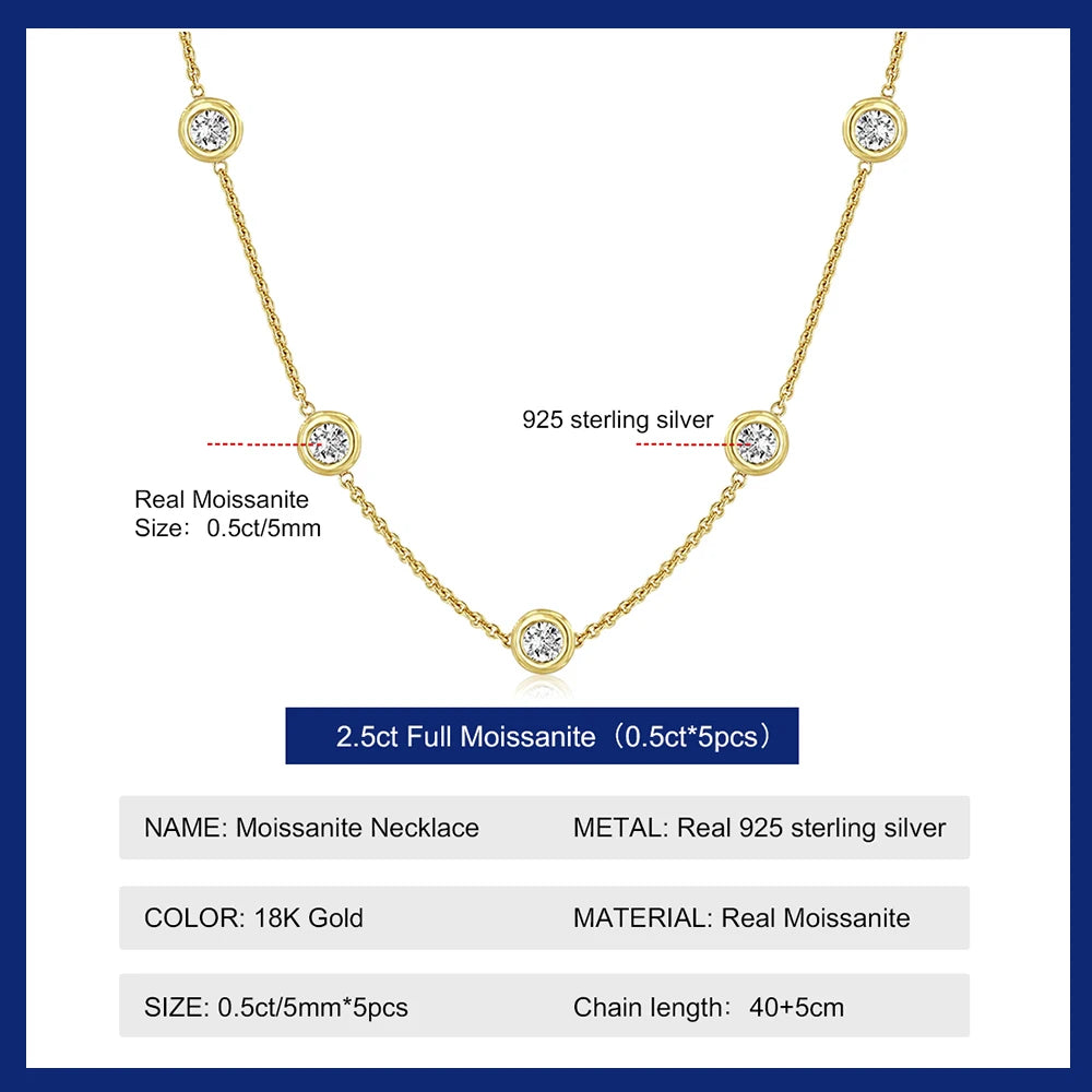 GRA Certified Flawless 5 Stone 2.5 Carat TW Moissanite Diamond Bubble Necklace 925 Sterling Sliver with 18k Gold Overlay.