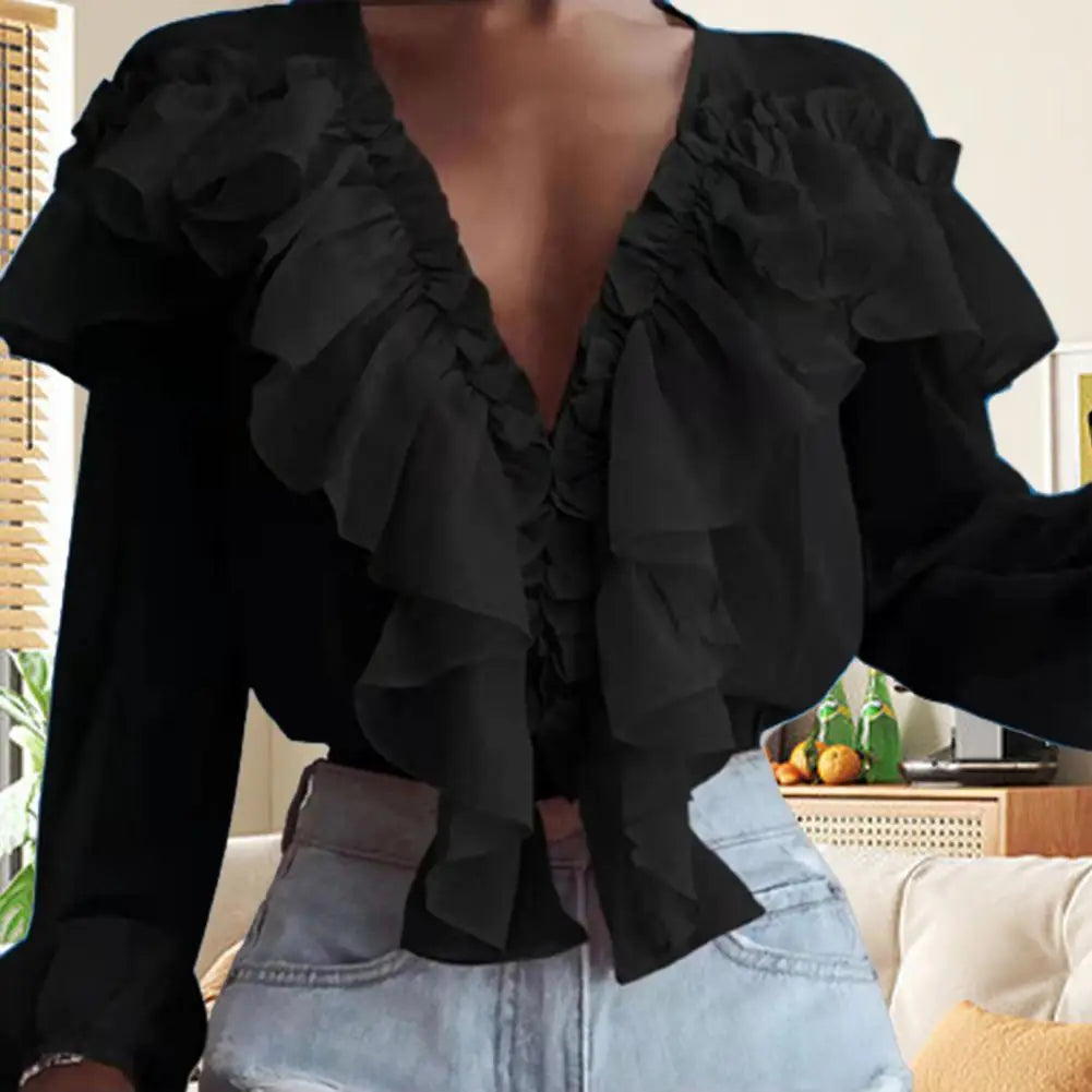 Love Ruffle Collar V-neck  Chiffon Shirt with Long Sleeve