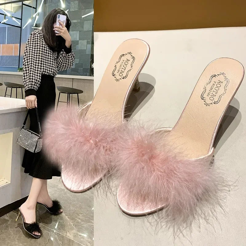 British Style Retro Furry Thin Hight Heel Slides