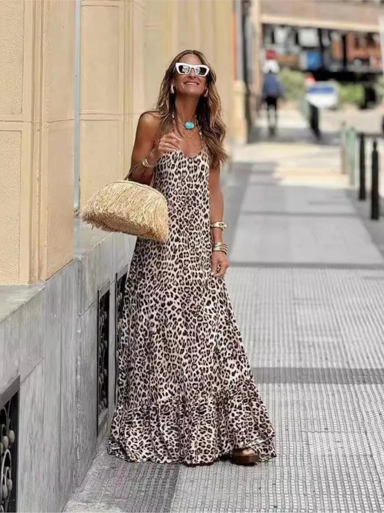 Leopard Print Backless Flowy Maxi Dress