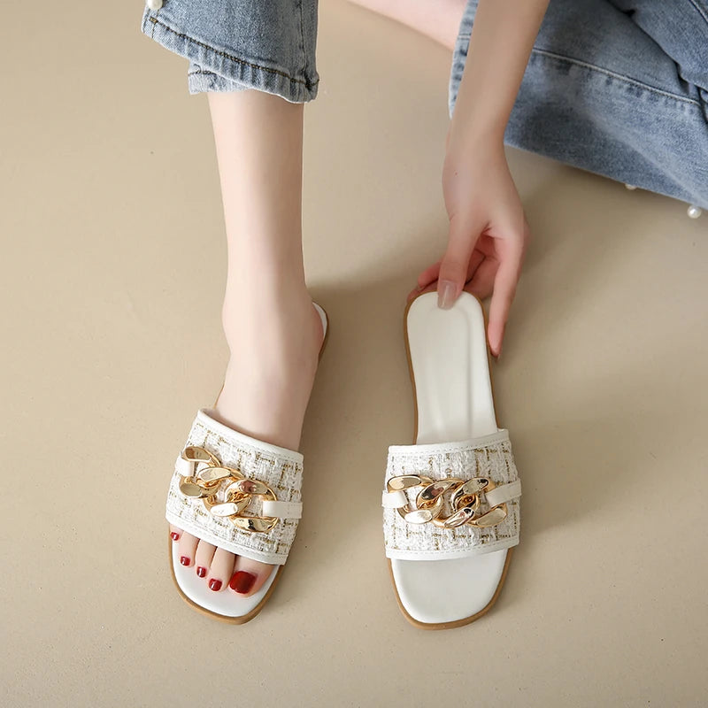 Korean Style Chain White Flip Flops Sandals