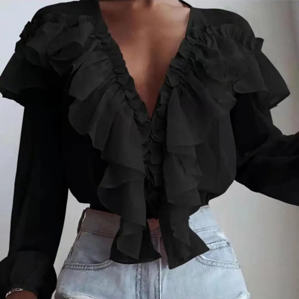 Love Ruffle Collar V-neck  Chiffon Shirt with Long Sleeve