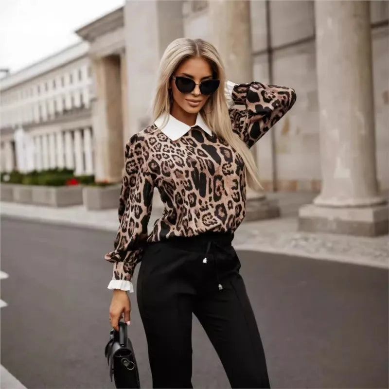 French  White- Collar Leopard Print Long Sleeve Blouse Top