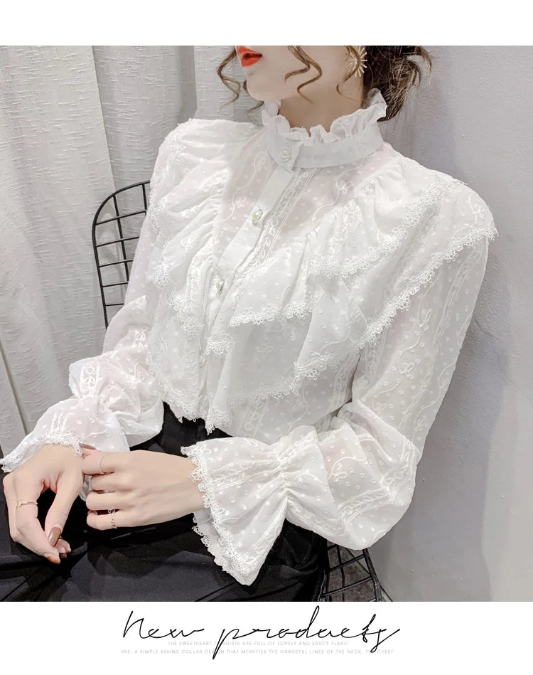 Victorian Style Ruffle Lace  Stand Collar Pleated Blouse with  Long Sleeve