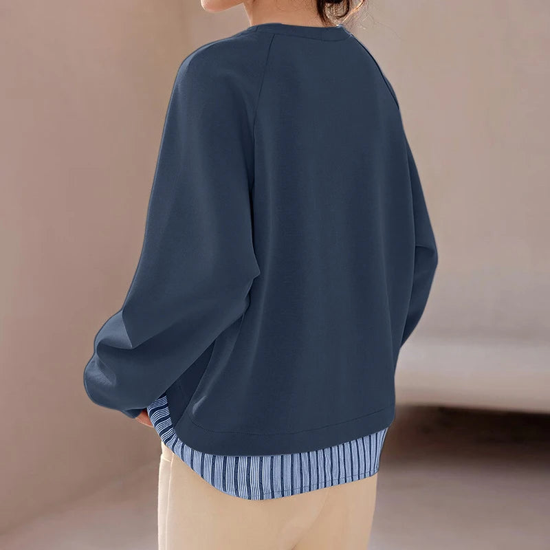 Unique Striped Patchwork O Neck Pullover Blouses with Long  Raglan Sleeves