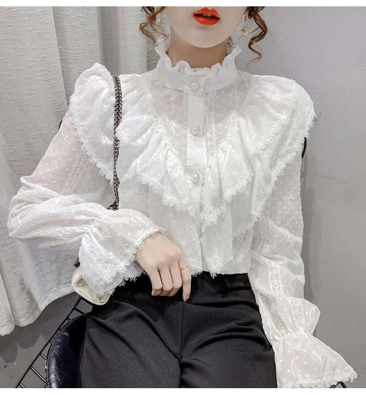 Victorian Style Ruffle Lace  Stand Collar Pleated Blouse with  Long Sleeve