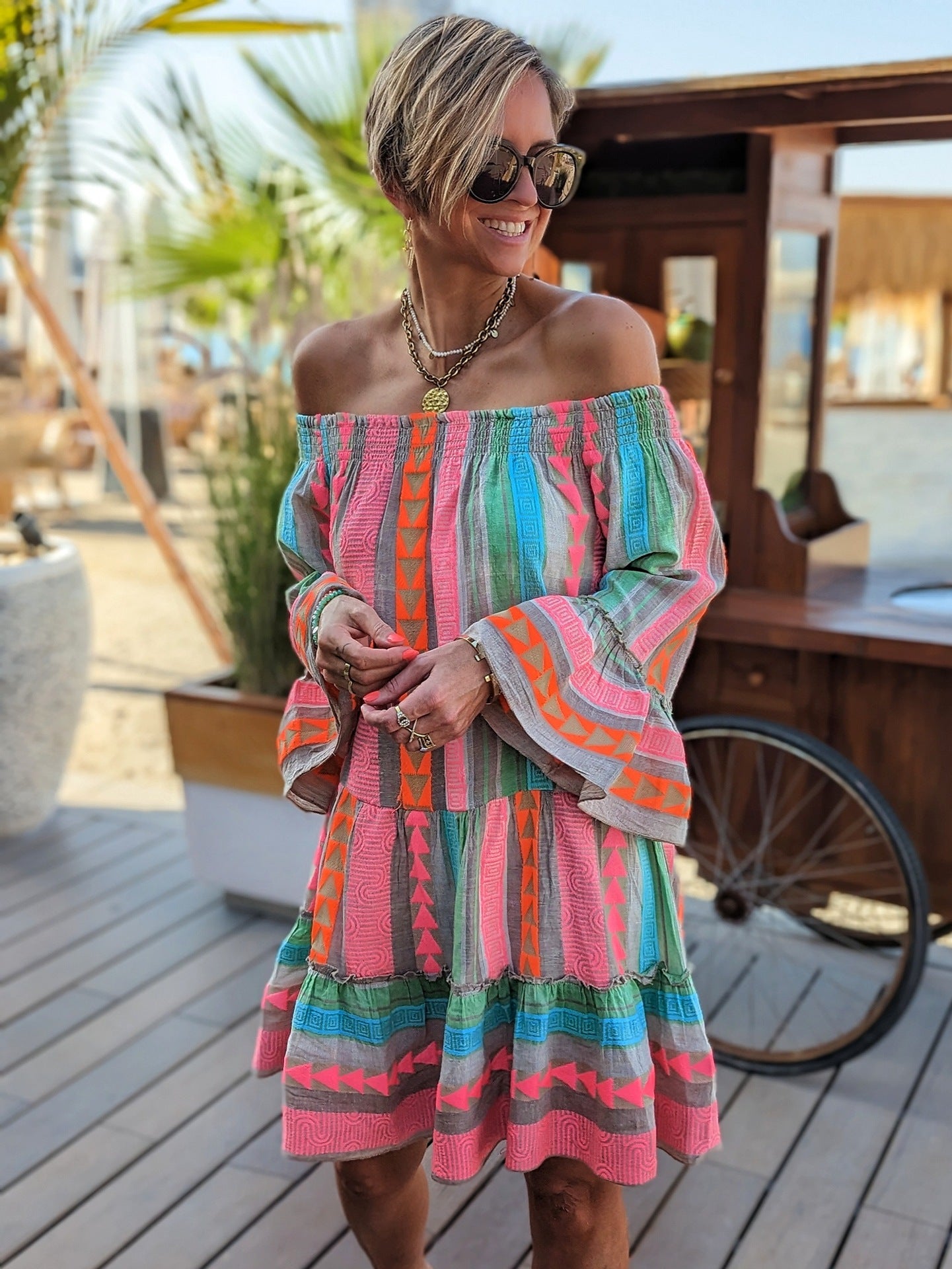 Vibrant Patchwork Ruffle Flared Sleeve Dress