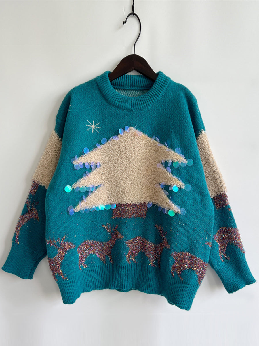 Holiday Joy Sequin Christmas Tree & Reindeer Sweater