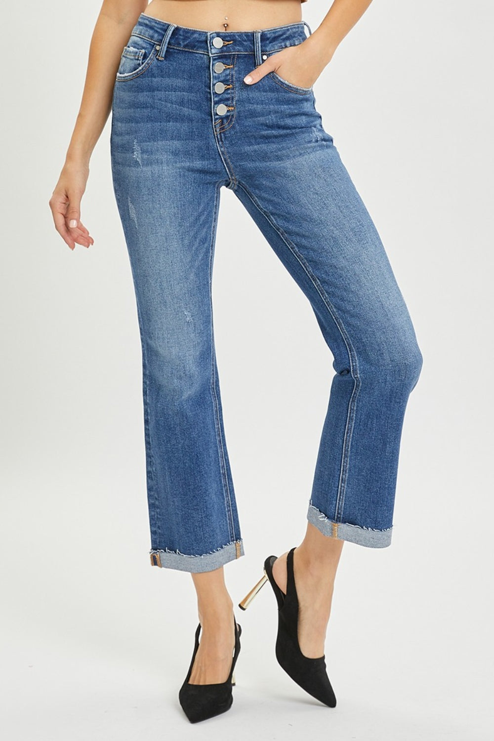 High Waist Button Fly Cropped Bootcut Jeans