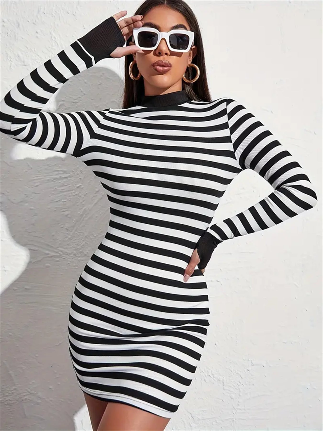 Black and White Striped Slim Mini Dress with  Long Sleeves & Elegant Mock Neck