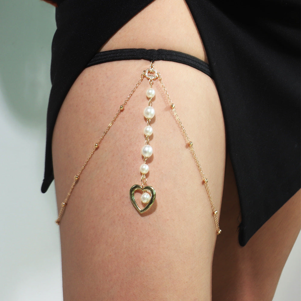 Gold Pearl Heart Pendant Chain Thigh Jewelry