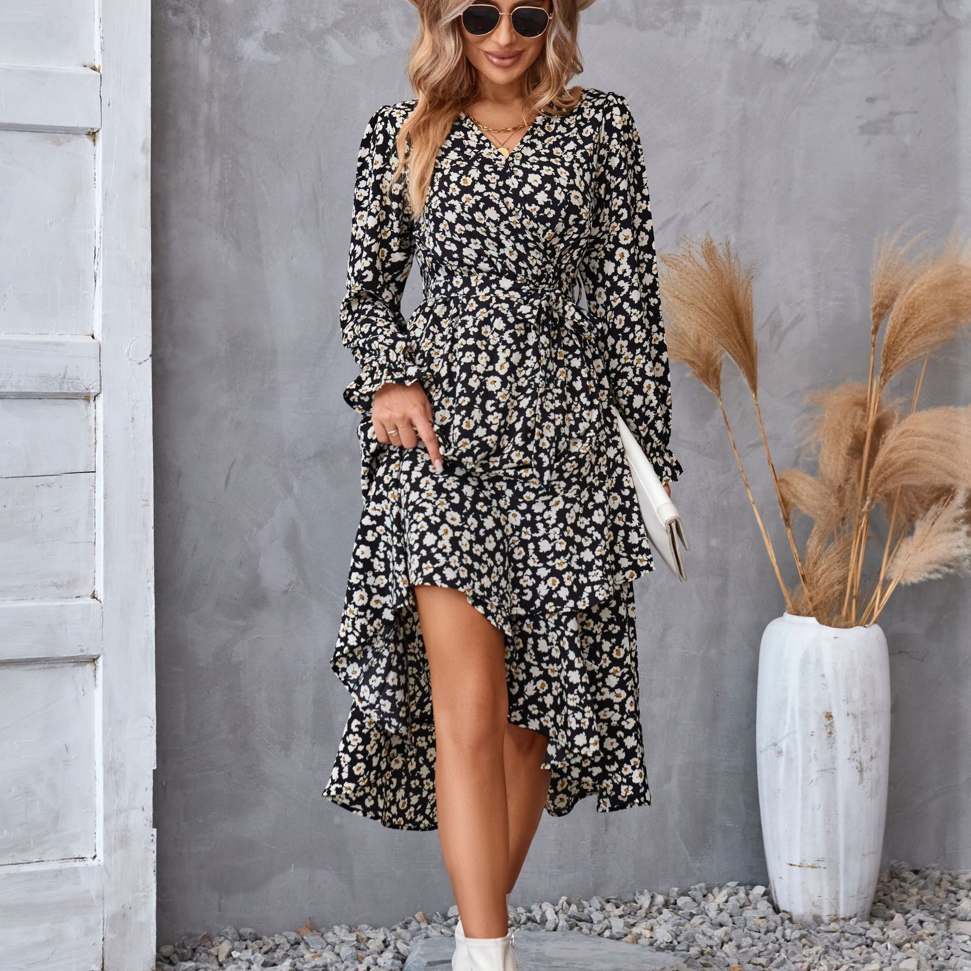 Flowers  Ruffled Print  Dress with Long  Petal Sleeve