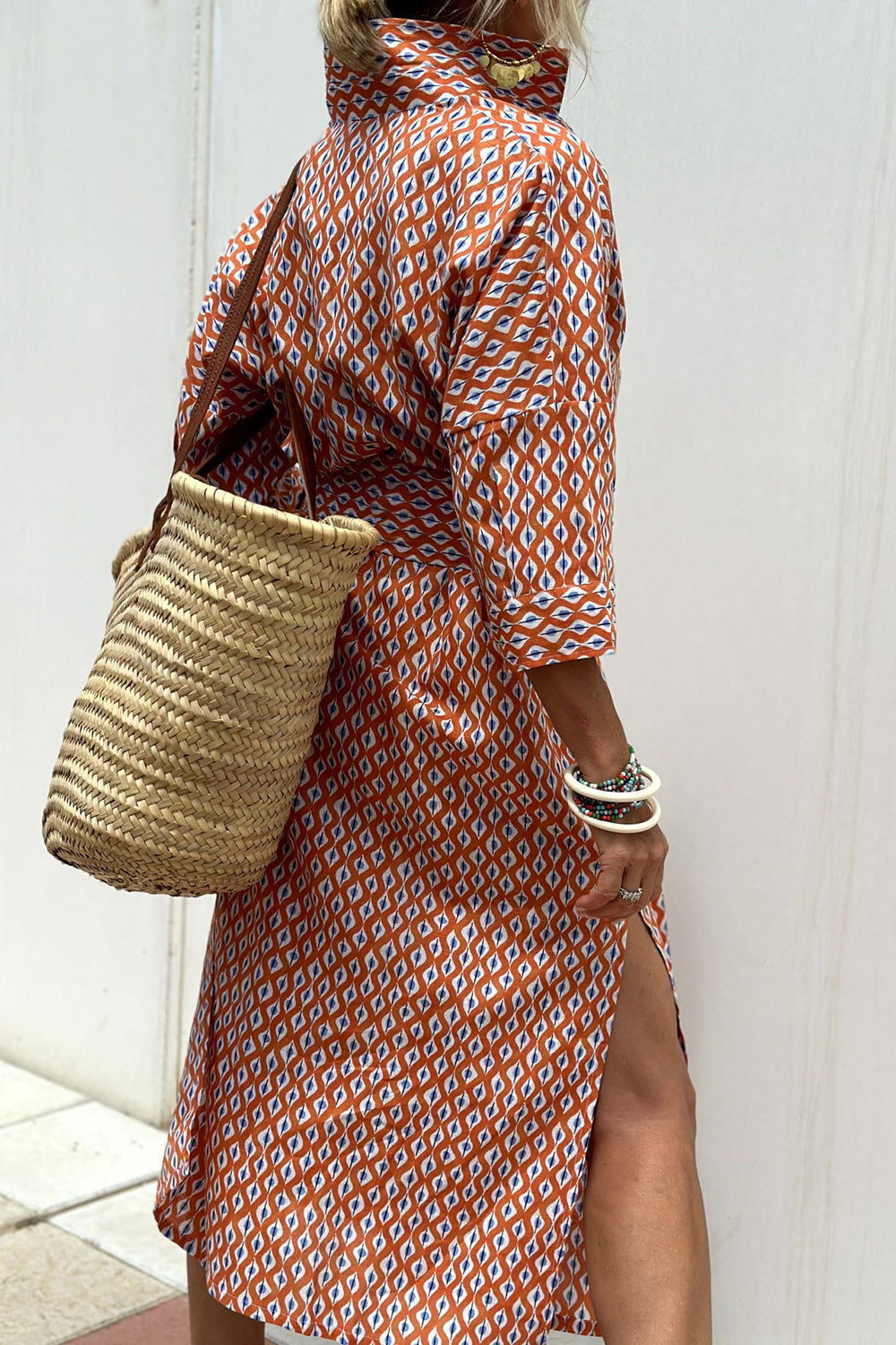 Popular Style Stripes Shirtdress with Three-Quarter Sleeve