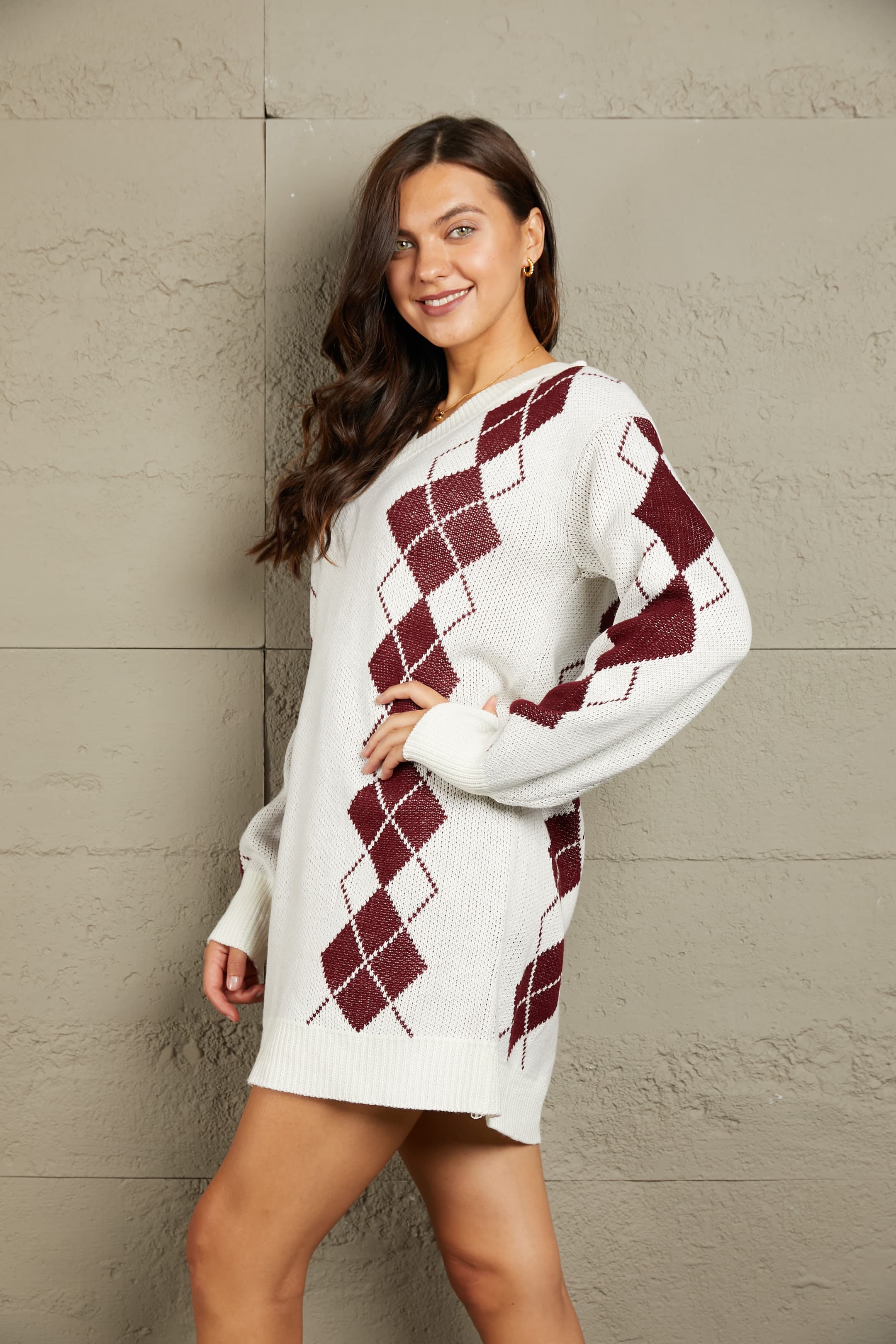 Woven Argyle V-Neck Ribbed Trim Sweater Dress