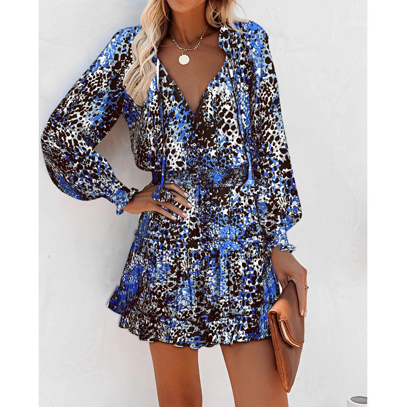 Flowers Patchwork  Print Long Sleeve Dress with Puff Sleeve