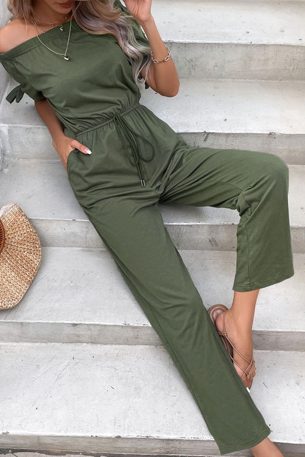 Urban  Fashion Off-Shoulder Tie Cuff Jumpsuit with Pockets