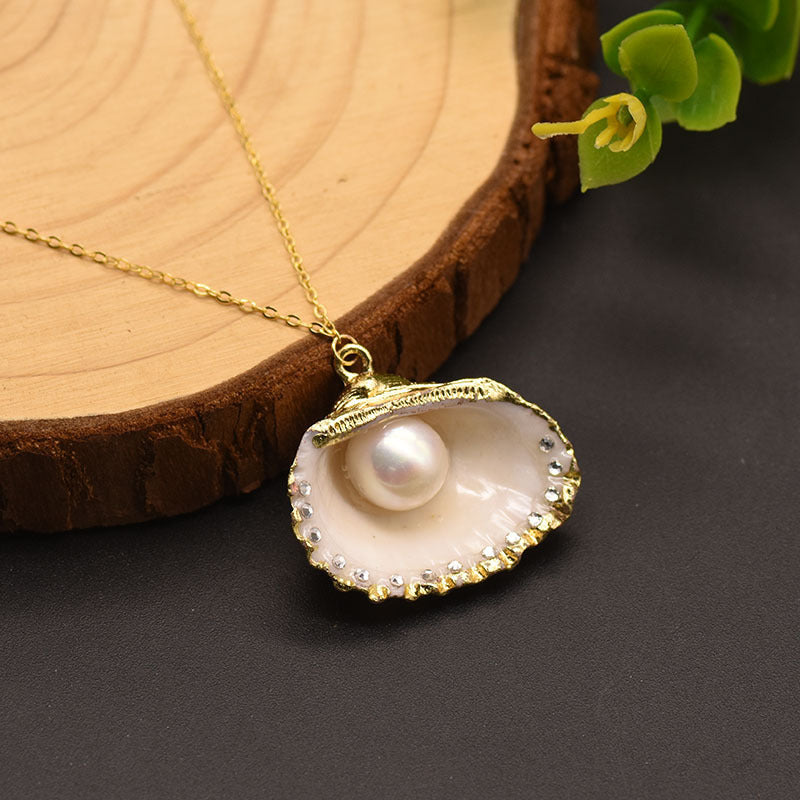 Pearl Inlaid Sea Shell Necklace 925 Sterling Silver with Gold Overlay.