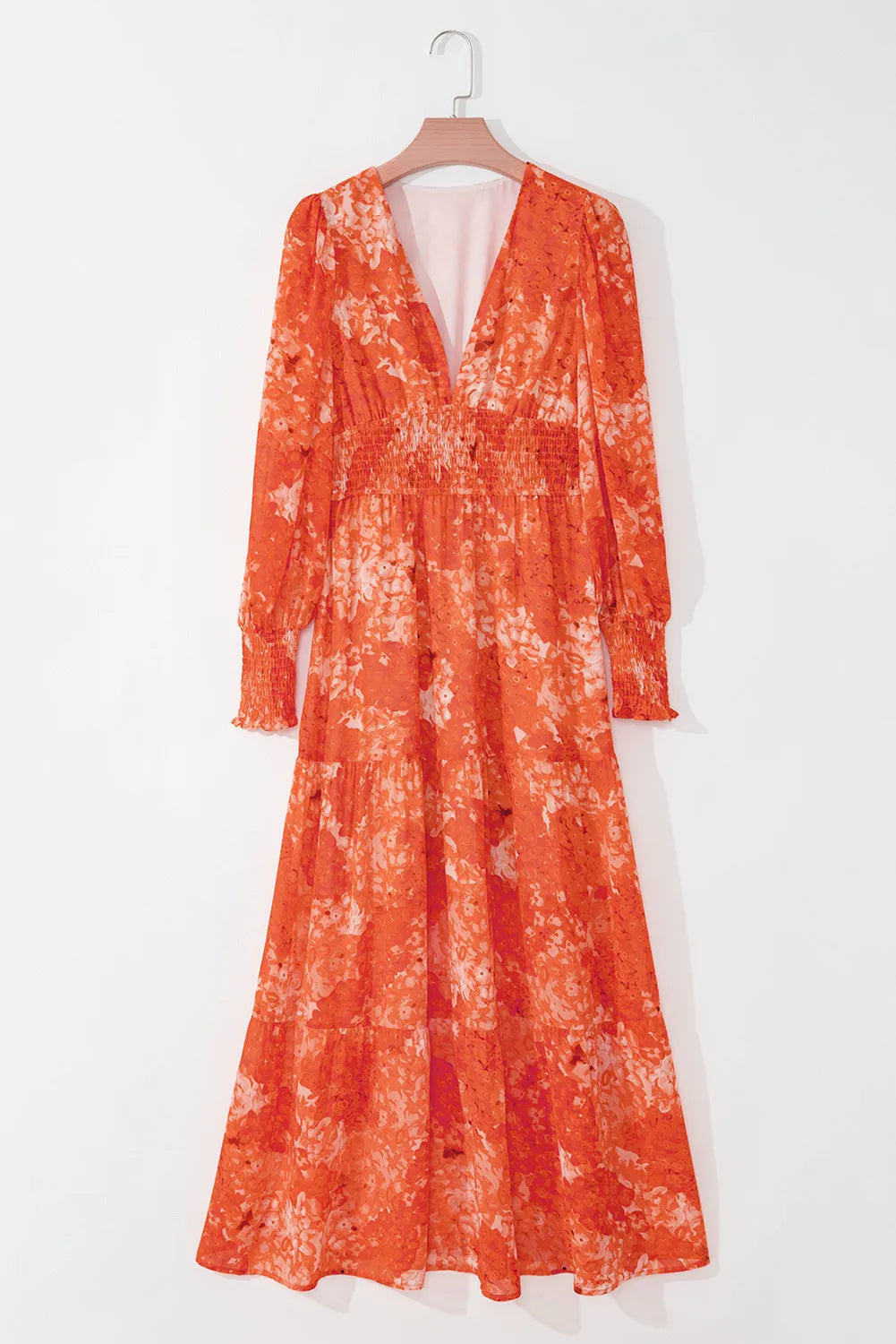 Orange Dress with Long Sleeves  &  Smocked Printed V-Neck