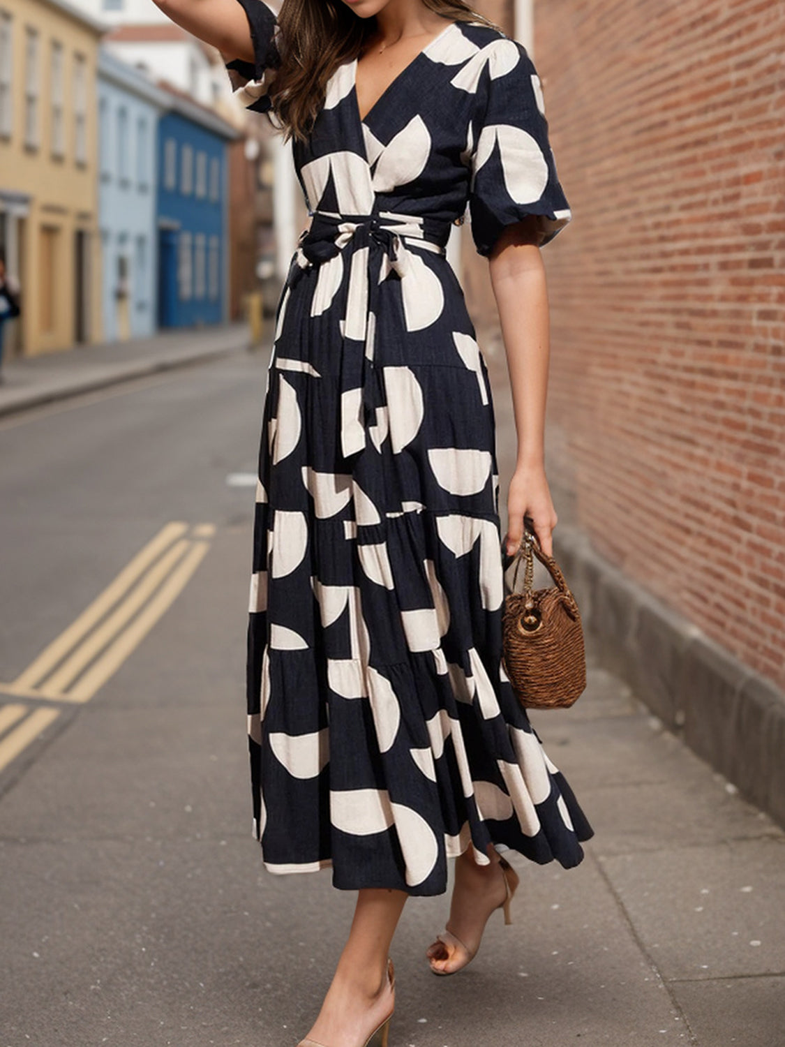 French Girl Tied Slit Midi Dress with Half Sleeve