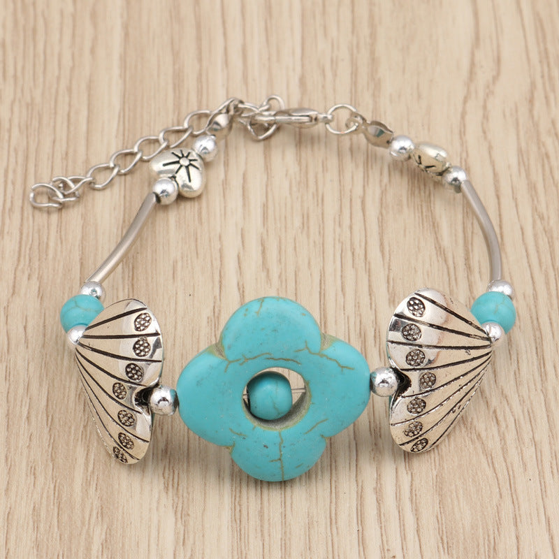 Vintage Bohemian Turquoise Bracelet, Silver Seashell & Leaves.